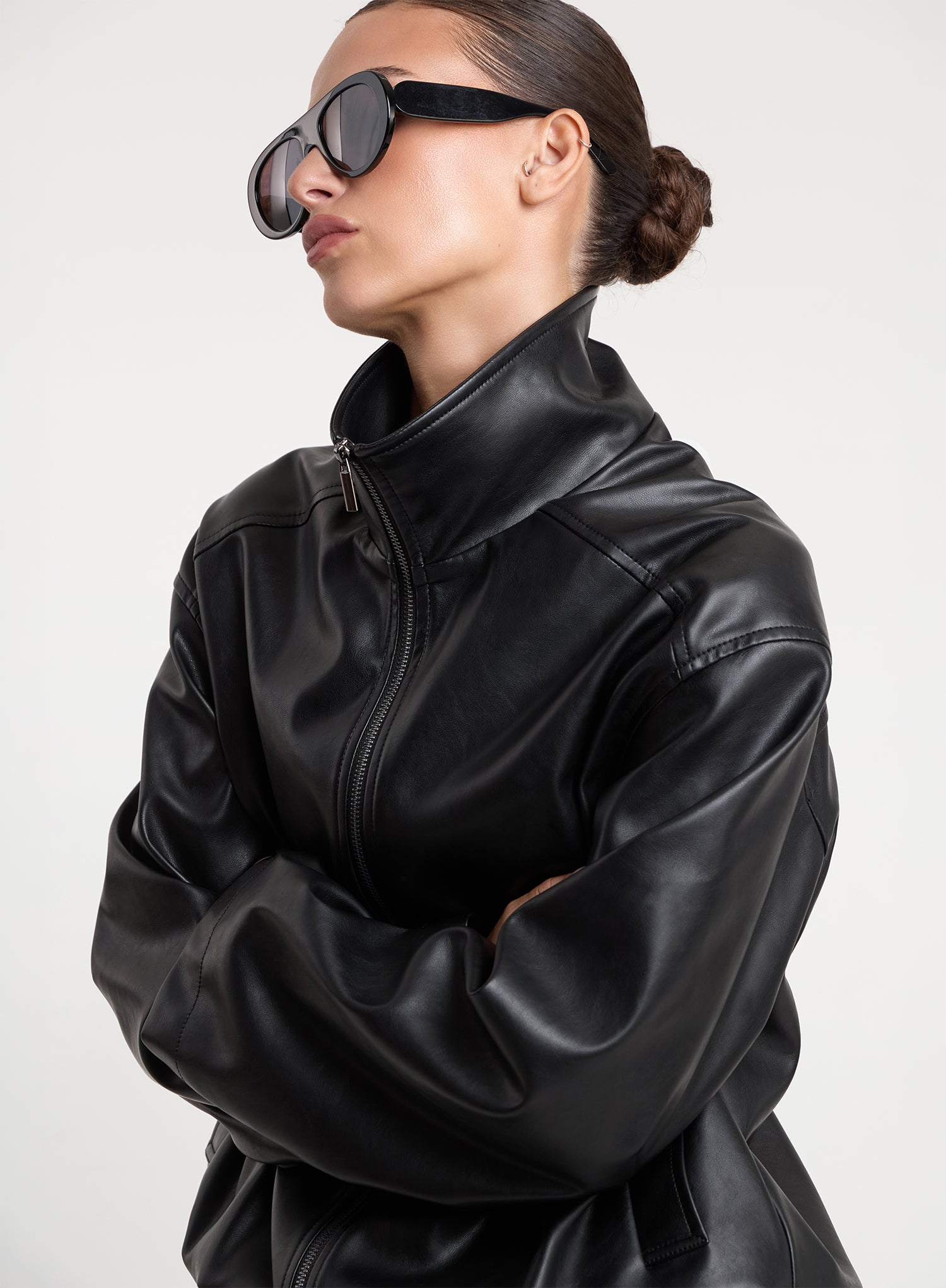 Black Faux Leather Funnel Neck Bomber Jacket